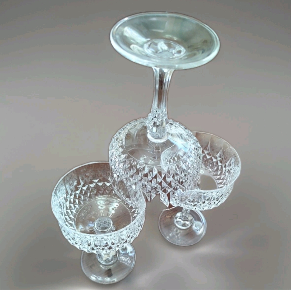 3 Cristal D'Arque Stemmed Diamond Cut Longchamp Sherbet/Parfait/Wine Glasses - Picture 2 of 8
